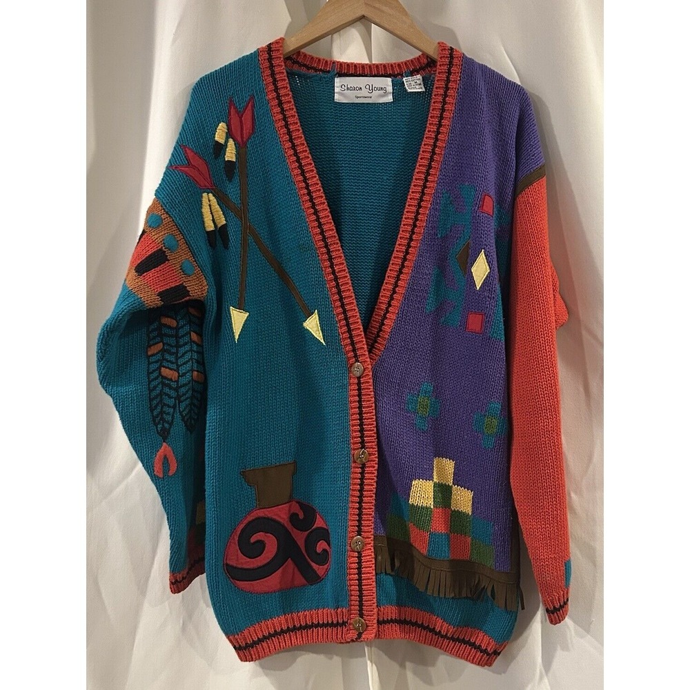 Vintage Southwestern Native American theme Cardigan Sweater Sharon Young‎ Medium